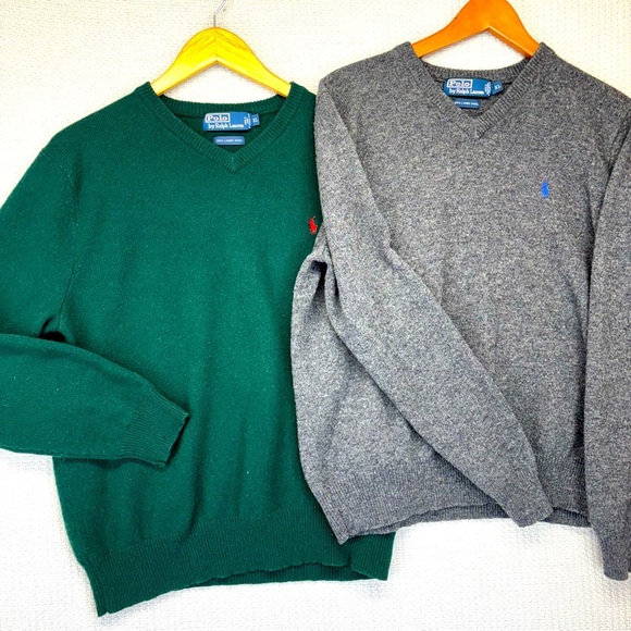 (2) Vtg Polo Ralph Lauren Sweater XL Mens Green/Gray Lambs Wool Pull Over V Neck - Picture 1 of 15